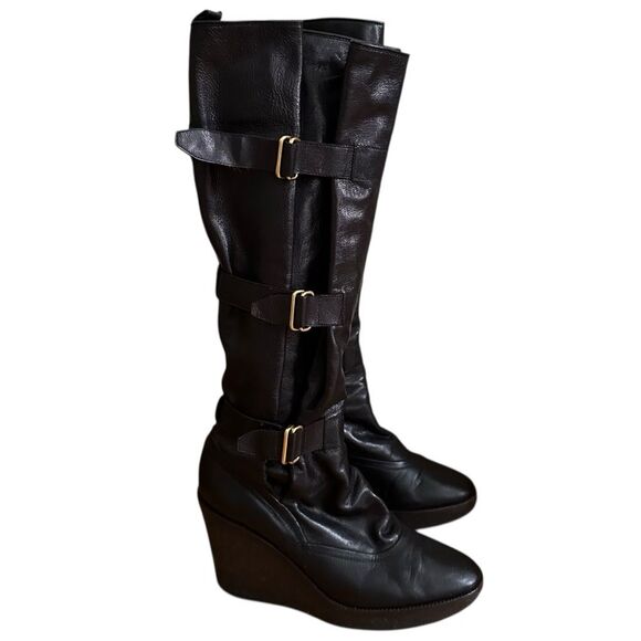 Saint Laurent YSL Vintage Tall Leather Buckle Wedge Boots Size 39/9 Black - Picture 2 of 8